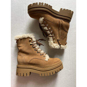 Sam Edelman Tan Suede Shearling-Lined Lug Sole Ankle Boots